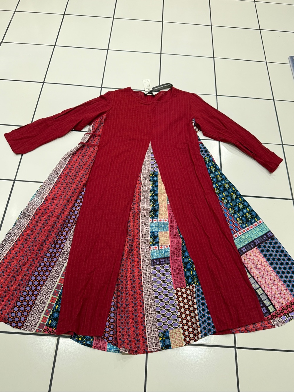 O-neel 2XL Patchwork Godet Maxi Dress Burgundy  Boho Lagenlook NWT